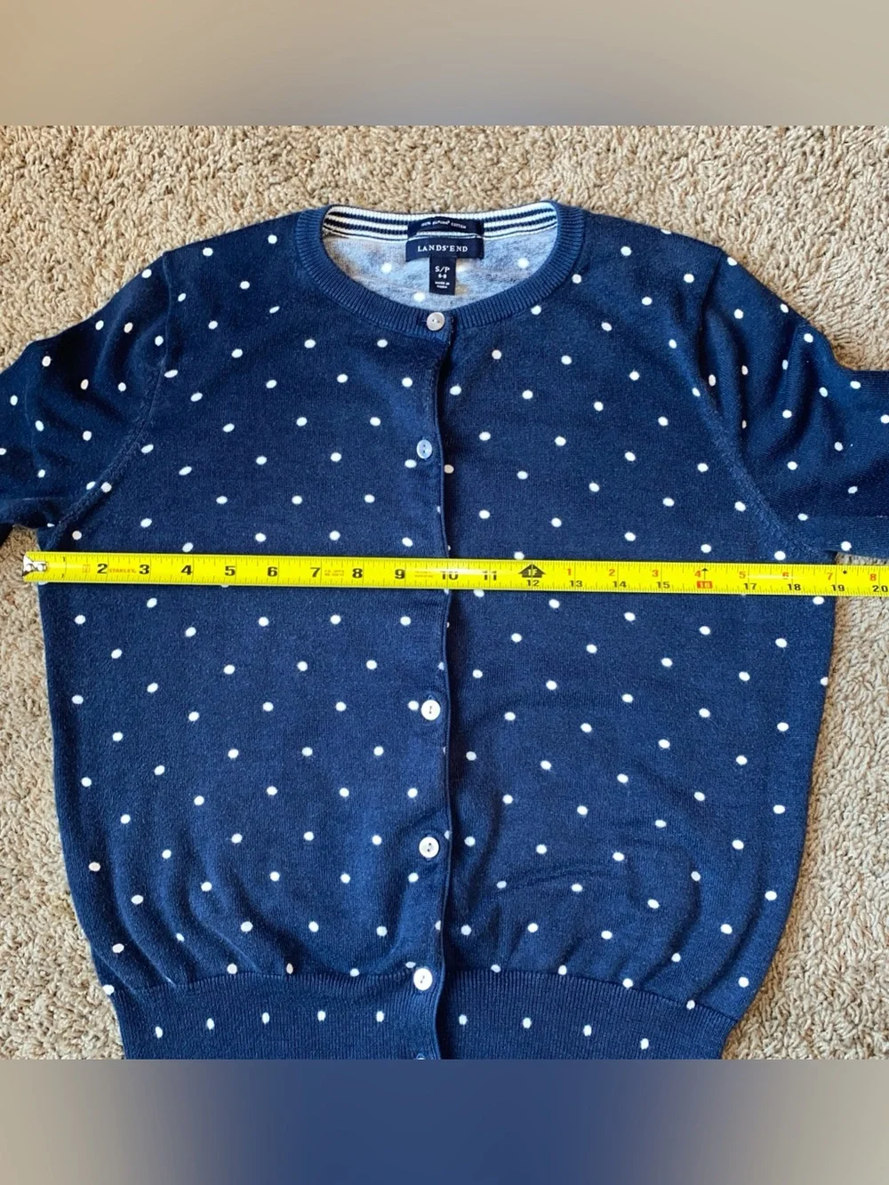 Lands End Cardigan Sweater Womens S Navy Polka Dot Supima Cotton Button Career